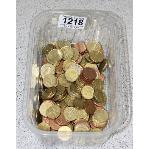 1218 - Qty of assorted coins, mainly Euros, approx 850g gross