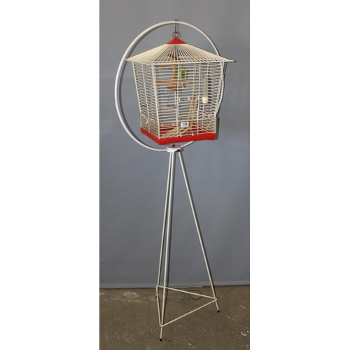 159 - Pedestal tripod floating small birdcage. Cage dimensions 35cm x 45cm height 165cm on stand