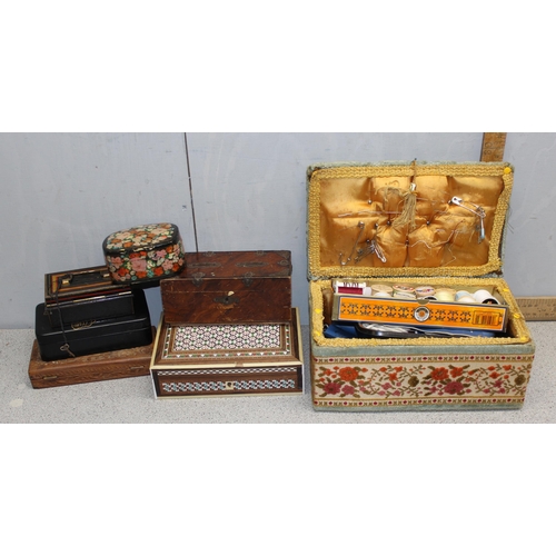 292 - Qty of assorted wooden and metal boxes to include 2 money boxes and a fabric covered sewing box with... 