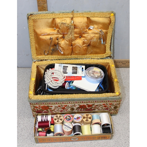 292 - Qty of assorted wooden and metal boxes to include 2 money boxes and a fabric covered sewing box with... 