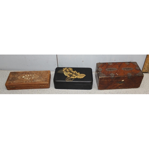 292 - Qty of assorted wooden and metal boxes to include 2 money boxes and a fabric covered sewing box with... 