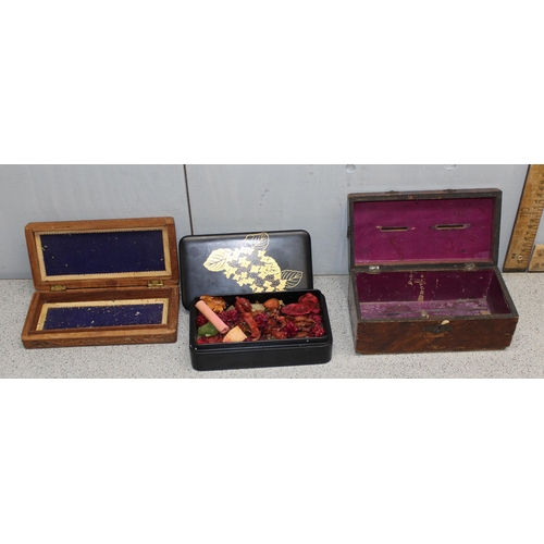 292 - Qty of assorted wooden and metal boxes to include 2 money boxes and a fabric covered sewing box with... 