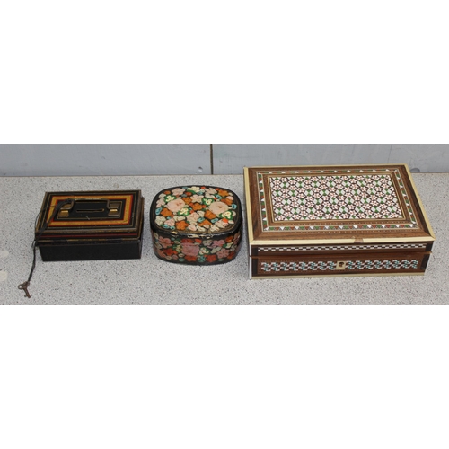 292 - Qty of assorted wooden and metal boxes to include 2 money boxes and a fabric covered sewing box with... 