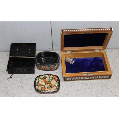 292 - Qty of assorted wooden and metal boxes to include 2 money boxes and a fabric covered sewing box with... 