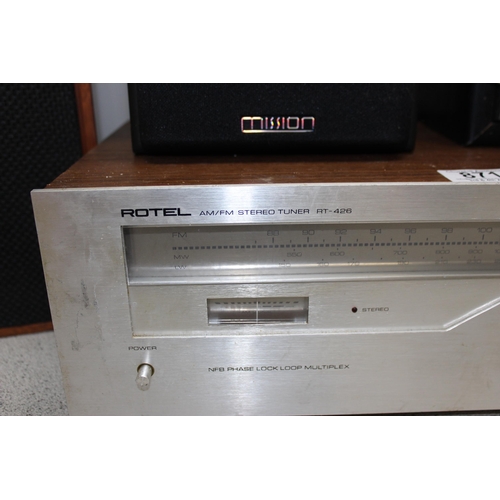 871 - A Rotel stereo tuner RT-426, A pair of Wharfedale Linton 2 speakers and a pair of wall mounted Missi... 