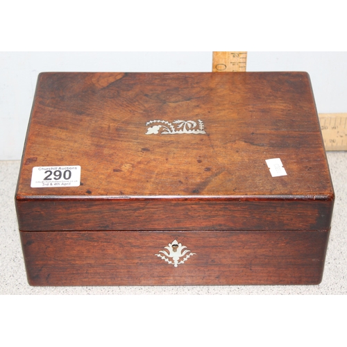 290 - A small antique mahogany workbox with mother of pearl inlay