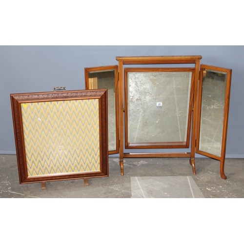 133 - A large wooden framed triptych table top mirror and a modern tapestry fire screen (2)