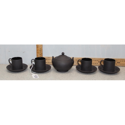 1617 - Wedgwood Black Basalt set of 4 coffee cans and saucers with lidded sugar bowl