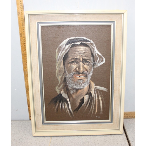 415 - Oil on board painting of a middle eastern gentleman, signed Ramzi, approx 62cm x 47cm, small vintage... 