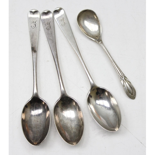 1066 - 3 silver coffee spoons, London 1896 & a silver mustard spoon, Sheffield 1912, approx 39.62g gross