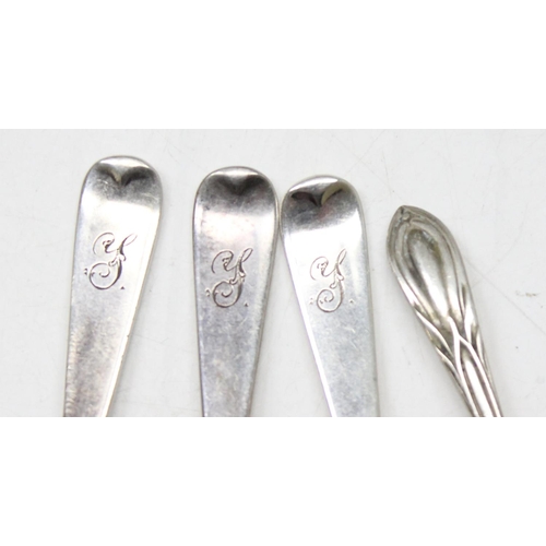 1066 - 3 silver coffee spoons, London 1896 & a silver mustard spoon, Sheffield 1912, approx 39.62g gross