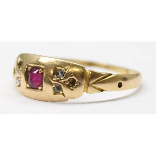 1183 - 15ct gold ring set with a central ruby surrounded by small diamonds, Chester 1885, approx size R, ap... 