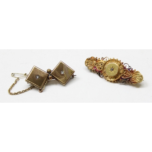 1186 - 2 antique 15ct gold brooches set with diamonds, both marked but indistinctly, both XRF confirmed to ... 