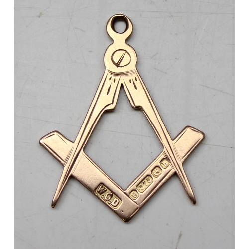 1190 - 9ct gold masonic pendant, Birmingham 1907, approx 2.18g gross