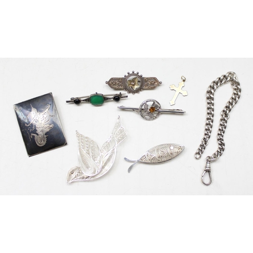 1193 - 6 antique and vintage silver brooches, a silver part Albert chain and a silver and gold plated cruci... 