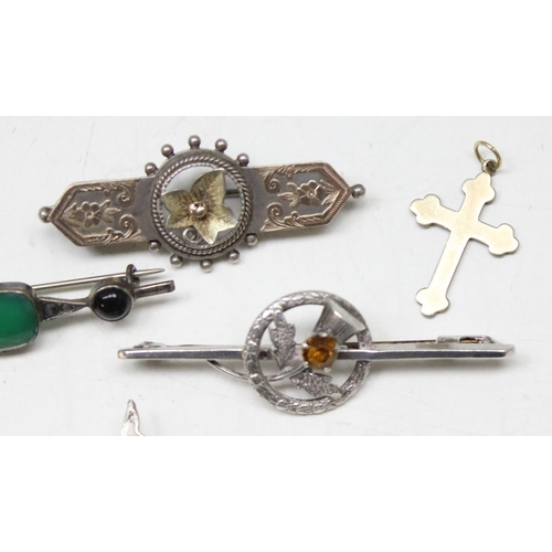 1193 - 6 antique and vintage silver brooches, a silver part Albert chain and a silver and gold plated cruci... 