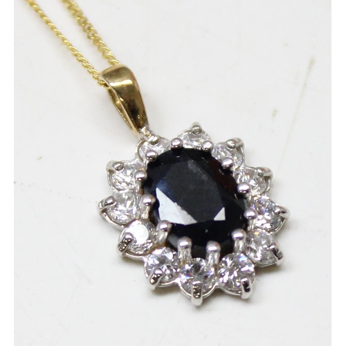 1199B - 9ct gold blue and white stone set pendant on 9ct gold chain, chain approx 46cm long, approx 2.16g gr... 