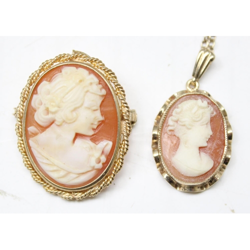 1199C - A 9ct gold mounted cameo pendant on chain, a similar cameo brooch with pendant fitting and a pair of... 