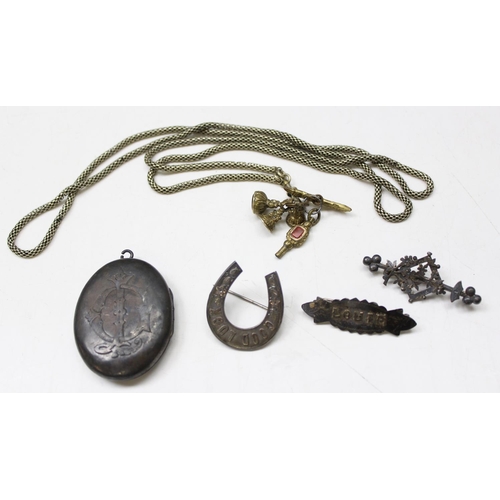 1199J - 3 antique silver broches, a silver locket, all XRF tested and a gilt metal chain with a number of go... 