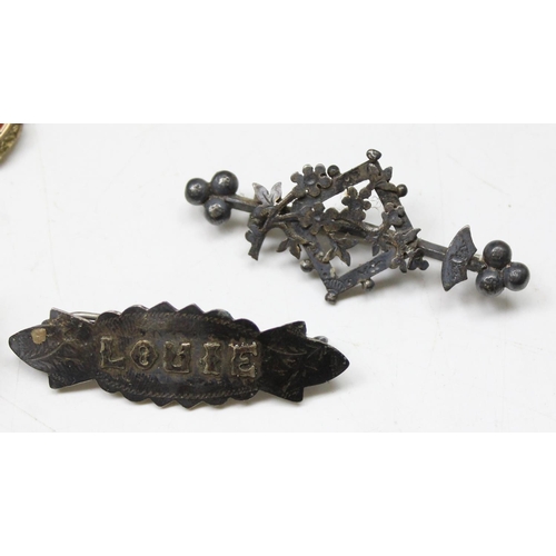 1199J - 3 antique silver broches, a silver locket, all XRF tested and a gilt metal chain with a number of go... 