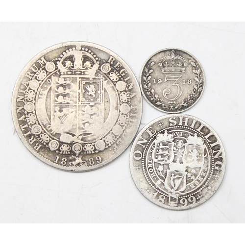 1215 - 3 full silver British coins, 1889 Victoria half crown, 1899 shilling & a 1918 3d