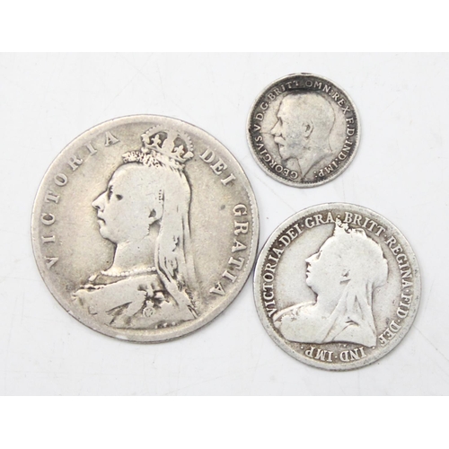 1215 - 3 full silver British coins, 1889 Victoria half crown, 1899 shilling & a 1918 3d