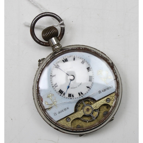 1305 - An antique French Hebdomas patent 8 day pocket watch in silver plated case, with painted enamel dial... 