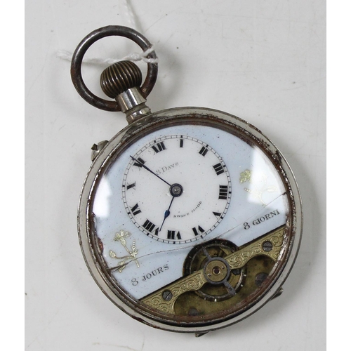 1305 - An antique French Hebdomas patent 8 day pocket watch in silver plated case, with painted enamel dial... 