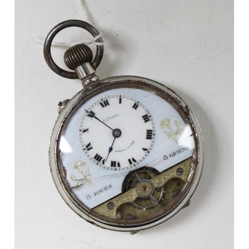 1305 - An antique French Hebdomas patent 8 day pocket watch in silver plated case, with painted enamel dial... 