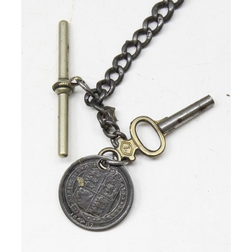 1332 - An antique silver Albert chain with each link individually marked, with plated T-bar and clip, with ... 