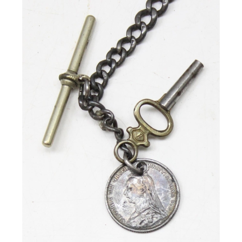 1332 - An antique silver Albert chain with each link individually marked, with plated T-bar and clip, with ... 