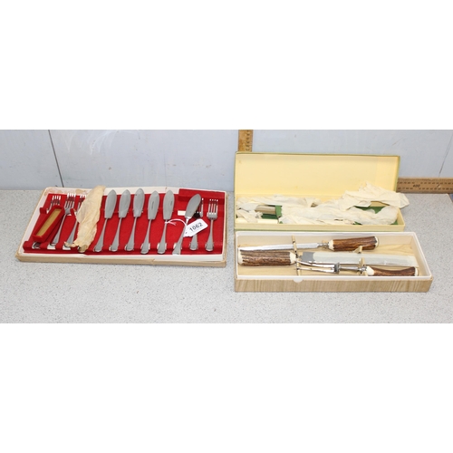 1062 - Boxed stag antler carving set & 2 other sets of boxed flatware