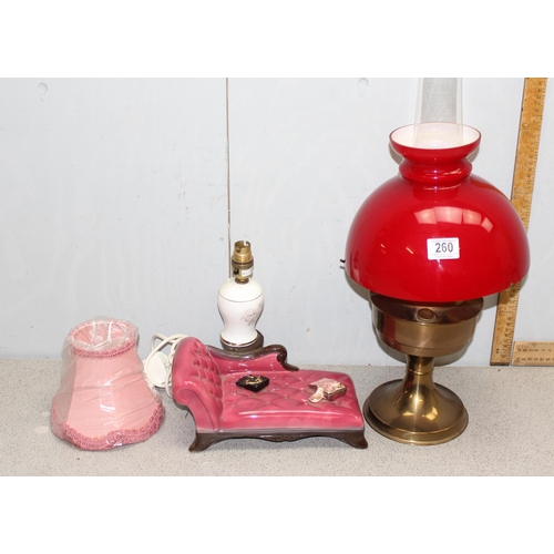 260 - Brass & red glass Aladdin 27 oil lamp & a pottery chaises longues lamp by Coopercraft