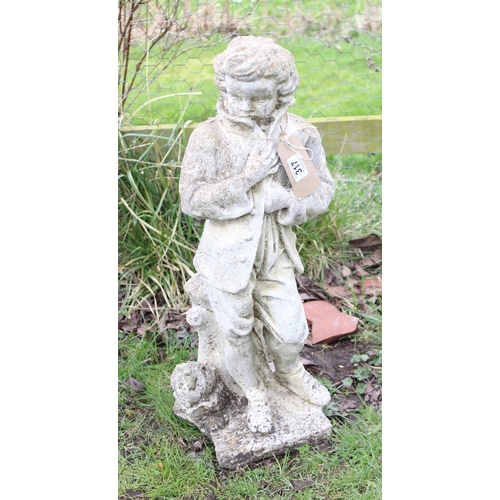 317 - Large concrete garden statue of a young boy in jacket, approx 72cm tall