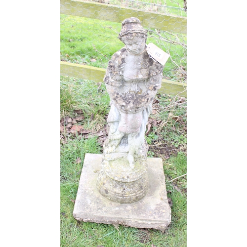 318 - Concrete garden statue of a young girl holding a bird, approx. 90cm tall