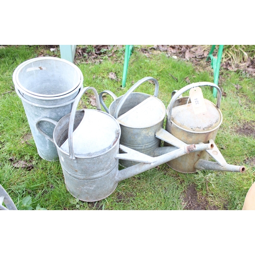 324 - 6 galvanized metal items - 3 watering cans and 3 flower pots