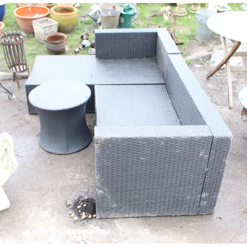 348 - A rattan garden seat with small round table, approx length 200cm