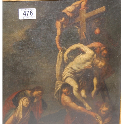 476 - The Descent from the Cross, an antique gilt framed oil on canvas behind glass depicting the Depositi... 