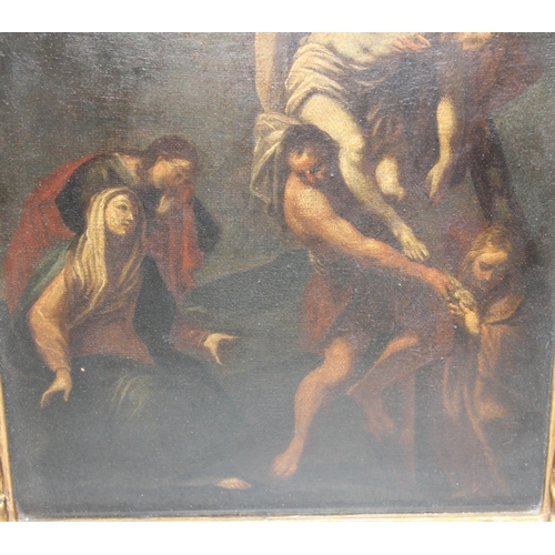 476 - The Descent from the Cross, an antique gilt framed oil on canvas behind glass depicting the Depositi... 