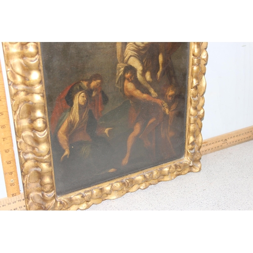 476 - The Descent from the Cross, an antique gilt framed oil on canvas behind glass depicting the Depositi... 