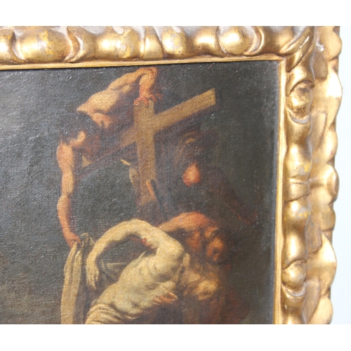 476 - The Descent from the Cross, an antique gilt framed oil on canvas behind glass depicting the Depositi... 