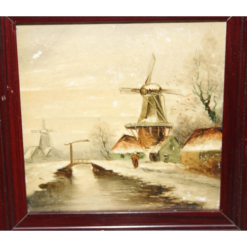 502 - 2 antique printed milk glass panels in wooden framed and a Dutch school painted ceramic tile in fram... 