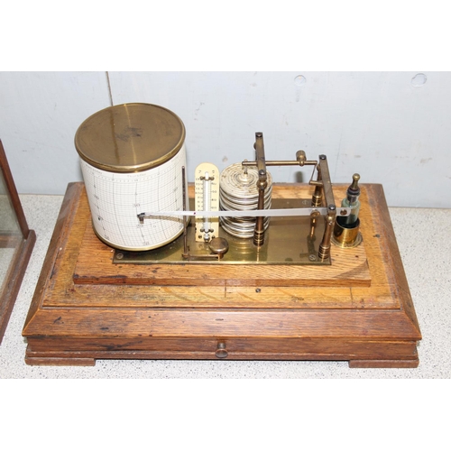 1334 - An antique oak cased barograph with chart drawer and spare charts, thermometer and ink bottle, seemi... 