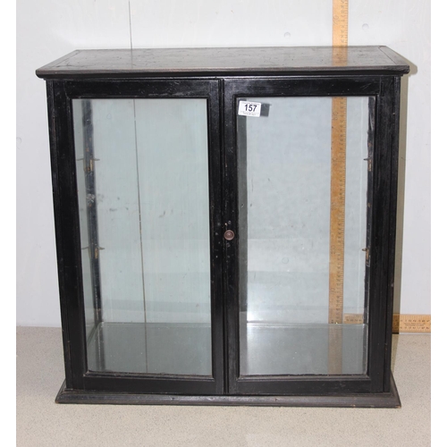 157 - A vintage glazed table top display case with 2 glass shelves, approx 65cm x 65cm x 32cm, ideal for a... 