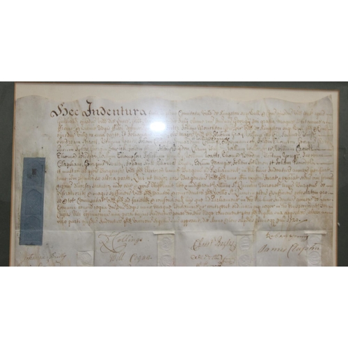 507 - An antique framed Latin indenture with a large number of signatures, dated 1720, approx 45cm x 42cm ... 