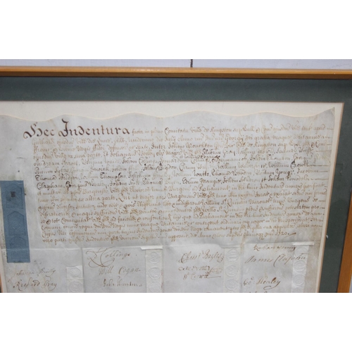 507 - An antique framed Latin indenture with a large number of signatures, dated 1720, approx 45cm x 42cm ... 