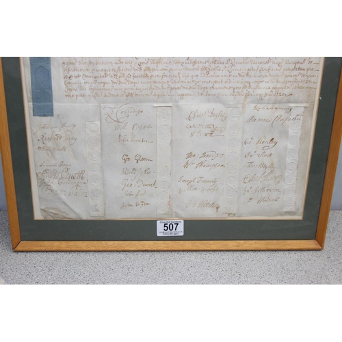 507 - An antique framed Latin indenture with a large number of signatures, dated 1720, approx 45cm x 42cm ... 