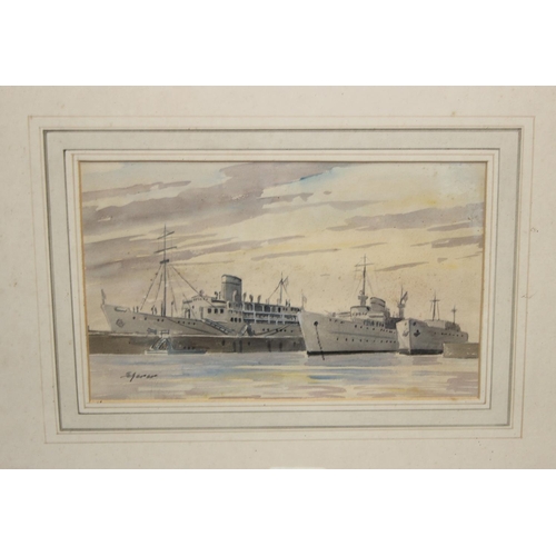 509 - A WW2 period watercolour of battleships, indistinctly signed lower right, approx, approx 47cm x 39cm... 