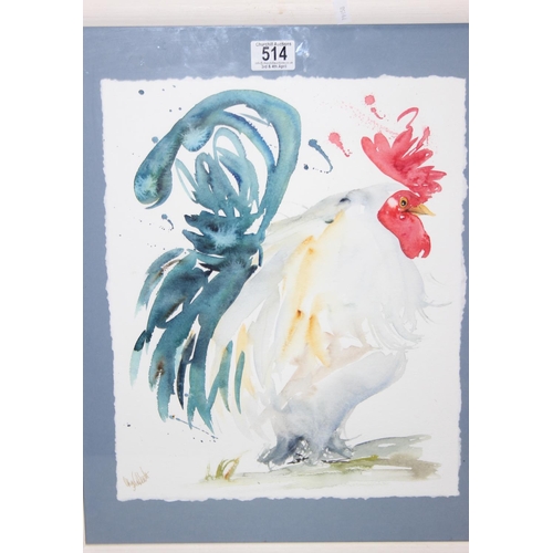 514 - A large indistinctly signed watercolour of a cockerel and a reproduction Bar One advertising print (... 