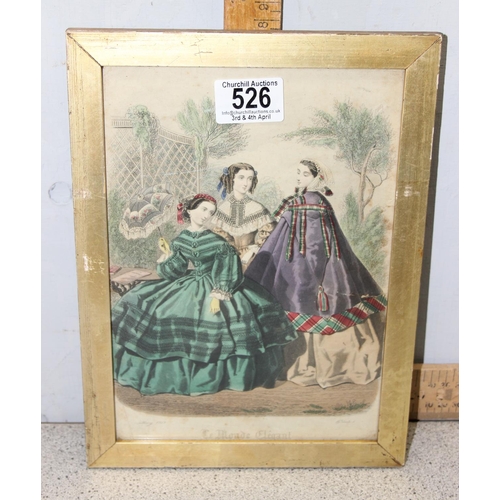 526 - 6 framed antique fashion prints, mid-19th century, with hand coloured details